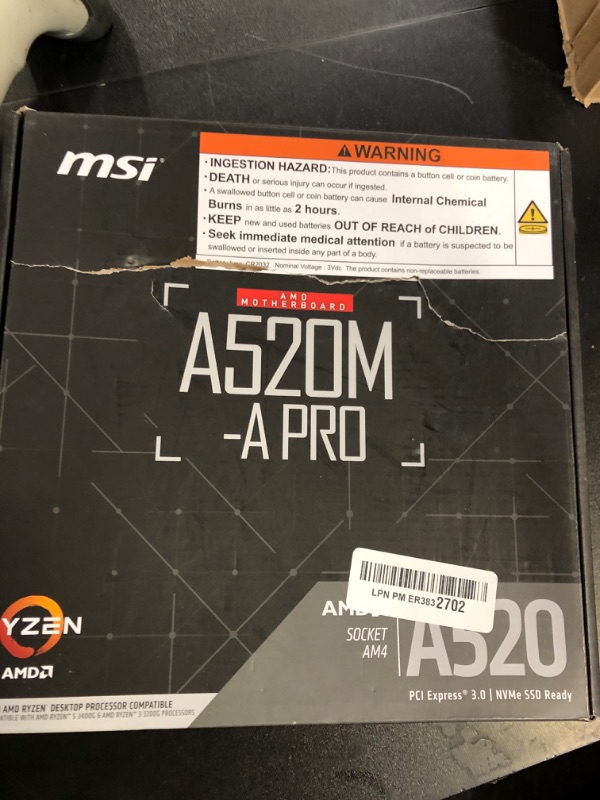 Photo 1 of MSI A520M-A PRO Gaming Motherboard (AMD Ryzen 5000, AM4, DDR4, PCIe 3.0, SATA 6Gb/s, M.2, USB 3.2 Gen 1, DVI/HDMI, Micro-ATX)