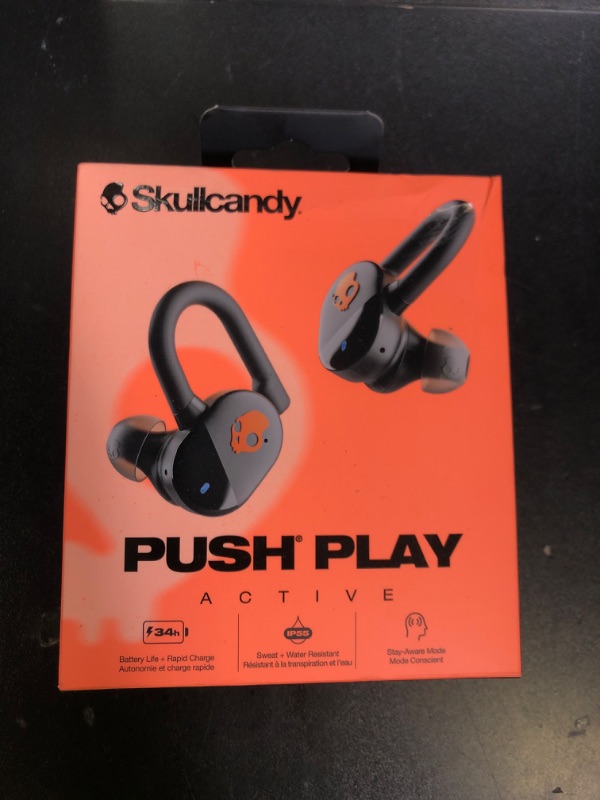 Photo 1 of Skullcandy Push Play Active Wireless Earbuds, Bluetooth Headphones, Noise Isolating, 34 Hrs Battery, Secure-Fit Over-Ear Hanger, Sweat Water Resistant, Microphone for iPhone Android - Black/Orange?