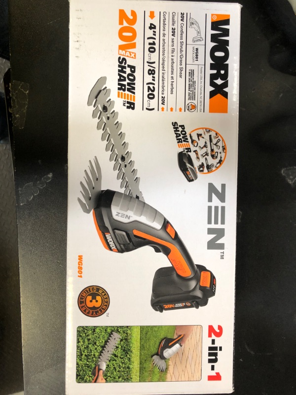 Photo 1 of WORX WG801 20V 2 in 1 Cordless Hedge Trimmer, 4" Grass Shear & 8" Shrub Trimmer with 2 Blades, Battery & Charger Included