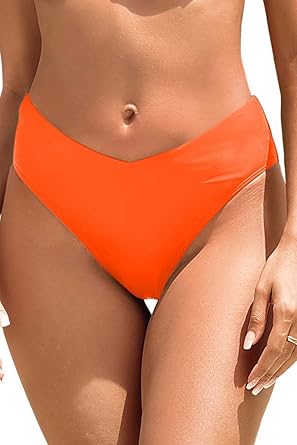Photo 1 of Zmart Women V Cut Cheeky Bikini Bottoms - Mid Waist High Cut Swim Bathing Suit Bottoms V Front Swimsuit Neon Orange M