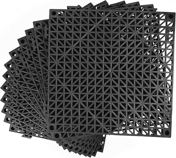 Photo 1 of MYFAMIREA Modular Interlocking Cushion 12 Pack 11.8" x 11.8" Rubber Floor Tiles Non-Slip Splicing Drainage Mats for Deck, Pool, Outdoor Shower, Patio, Balcony, Indoor Bathroom, Kitchen, Yard (Black)
