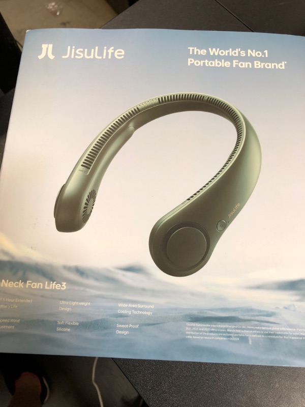 Photo 1 of JISULIFE Portable Neck Fan, Hands Free Bladeless Fan, 5 Speeds, 4000 mAh Battery Operated Wearable Personal Fan, Twistable, Rechargeable, Gift for Women Men-Dark Green
