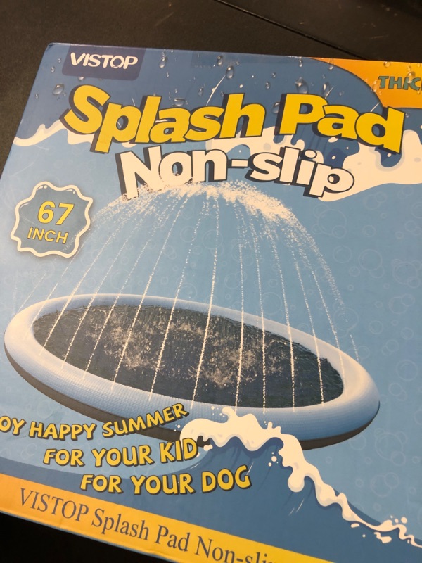 Photo 1 of VISTOP Non-Slip Splash Pad for Kids and Dog, Thicken Sprinkler Pool Summer Outdoor Water Toys - Fun Backyard Fountain Play Mat for Baby Girls Boys Children or Pet Dog (67 inch, Blue&Blue)