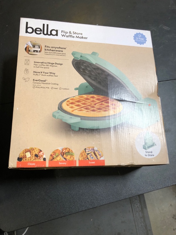 Photo 1 of bella Flip-n-Store Waffle Maker with EverGood™ Ceramic Nonstick Coating, Fits-anywhere™ Kitchenware, Power Indicator Light, Cool Touch Handle & Cord Wrap, 7” Wide & 1" Deep Plates, 1000 Watt, Seaglass