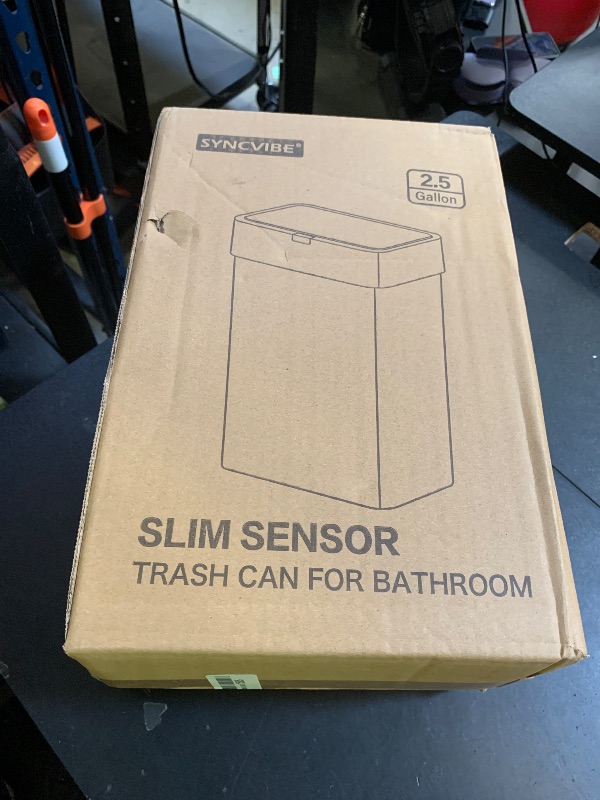 Photo 1 of SYNCVIBE Slim Sensor Trash Can with Lid 2.5 Gallon Bathroom Trash Bin, 9.5 Liter Small Smart Garbage Can, Motion Sensor Trash Can with Automatic Lid, Plastic Waterproof Waste Basket for Bedroom
