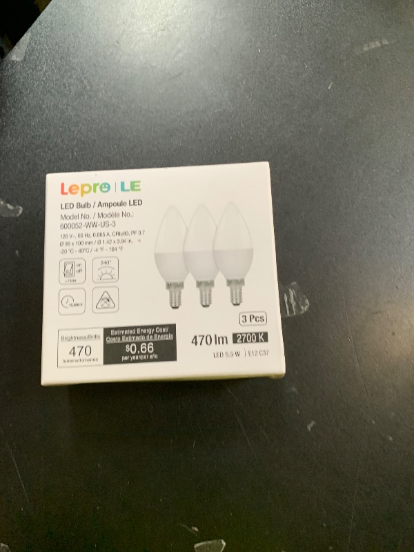Photo 1 of Lepro E12 LED Candelabra Light Bulbs, 5.5 watt, 40 watt Equivalent C37 B11 Ceiling Fan Bulb Chandelier Bulbs, 2700 Kelvin Warm White Type B Small Base Candle Lights, Frosted Plastic Shell, 3-Pack