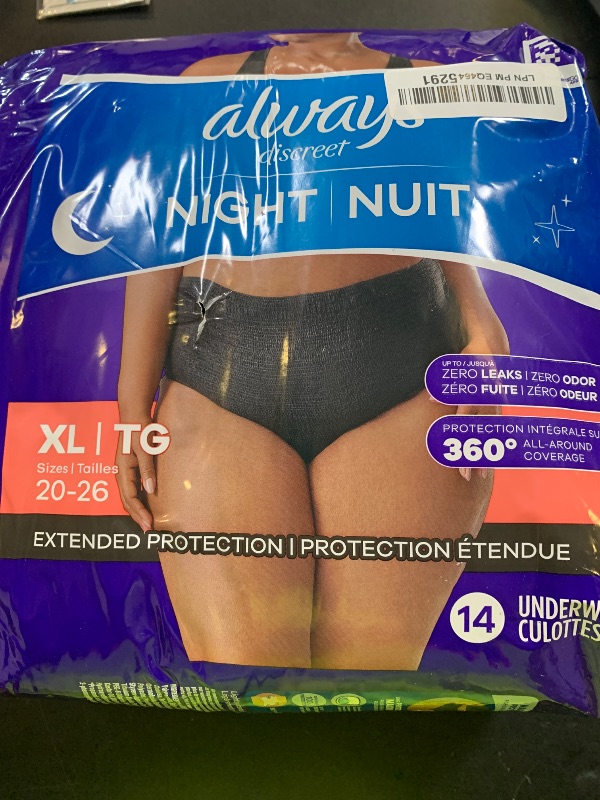Photo 1 of Always Discreet Adult Incontinence Overnight Underwear for Women, Extra Large, Up to 100% Bladder Leak Protection, 14 Count