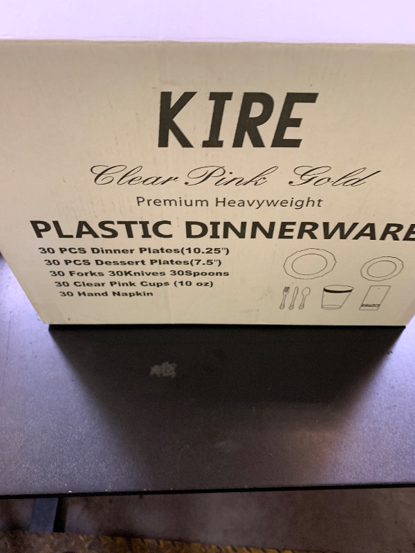 Photo 1 of KIRE 210Pcs Clear Pink Plastic Plates with Gold Rim - Disposable Gold Silverware &Pink Cups&Hand Napkin - Plum Colored Plastic Dinnerware for Upscale Wedding