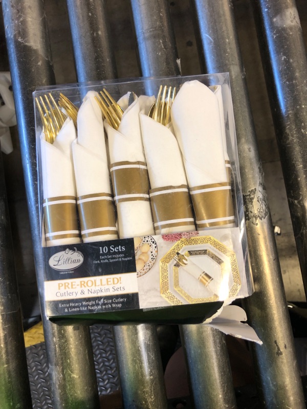 Photo 1 of 40 Pieces Pre Rolled Cutlery And Napkins Set with Heavy Duty Full Size Polished Gold Cutlery, 10 Forks, 10 Knives, 10 Spoons, In Rolled Napkins, for Weddings, Parties And Events