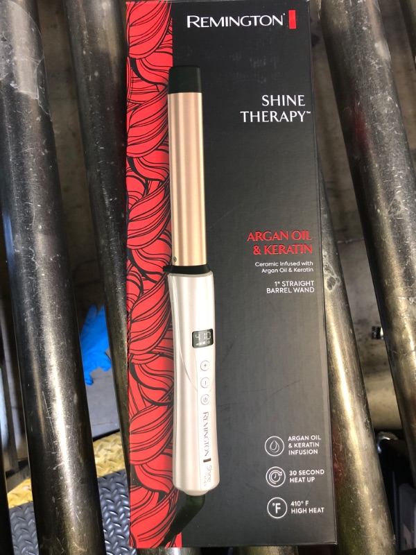 Photo 1 of REMINGTON Shine Therapy Argan Oil & Keratin Infused 1 Inch Straight Barrel Curling Wand for Loose Waves, Includes Heat Glove