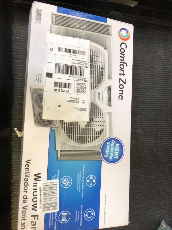 Photo 1 of Comfort Zone Window Fan for Bedroom, 9 inch 3 Speed Dual Fans with Auto-Locking Expanders, Window Exhaust Fan, Removeable Bug Screen, White