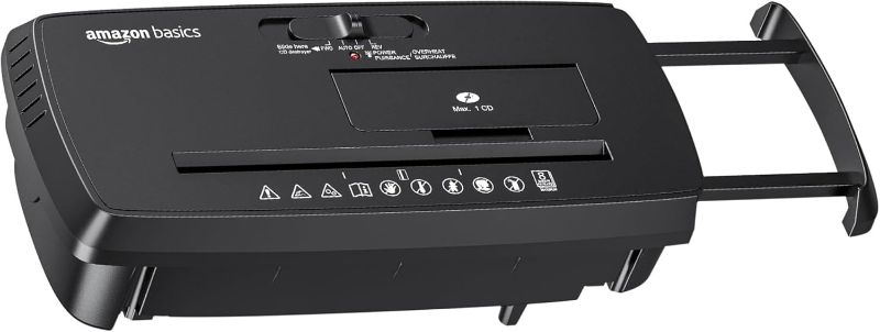 Photo 1 of Amazon Basics 8-Sheet Strip Cut Paper, CD, and Credit Card Shredder with Auto-Off Compact, Portable Design, No Basket, Extendable Arm, Black