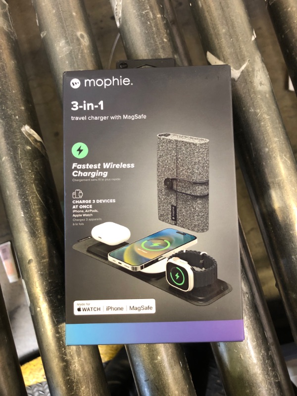 Photo 1 of Mophie 3-in-1 Travel Charger with MagSafe - Portable Wireless Charging Hub, Compatible with Apple Devices, iPhone 16/15/14/13/12 Series, Apple Watch Series 10 to 1 & Ultra, AirPods Pro/3rd Gen, Black