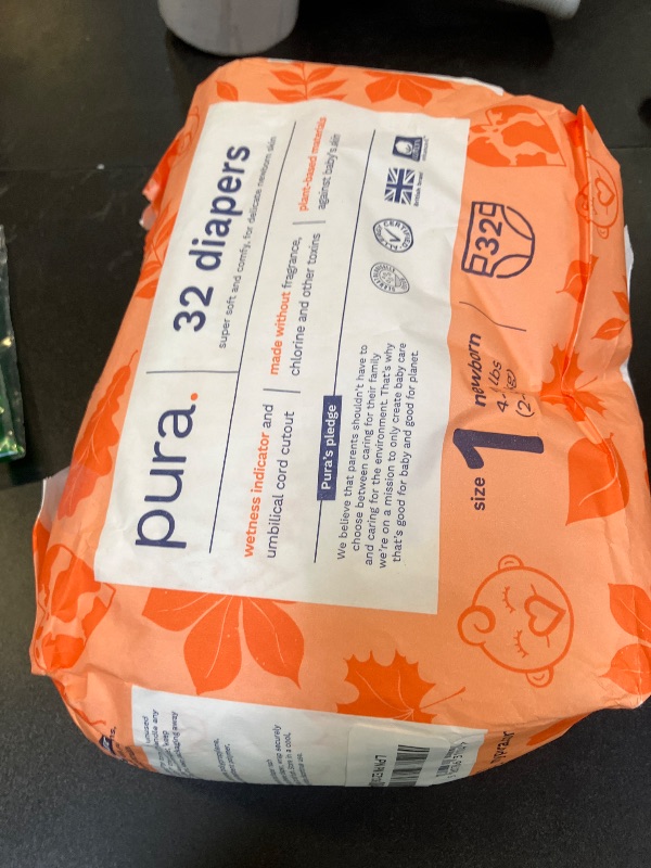 Photo 1 of Pura Hypoallergenic Diapers, Size 1 (4-11 lbs), Newborn, Totally Chlorine Free, Wetness Indicator, Suitable for Sensitive Skin, Soft Organic Cotton Comfort, Overnight, 1 Pack of 32 Baby Diapers