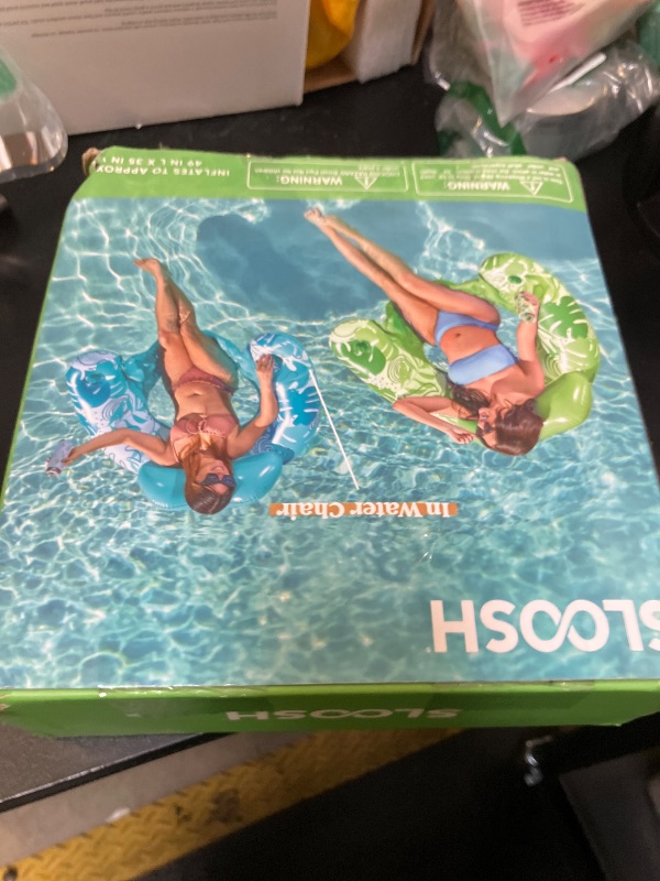 Photo 1 of SLOOSH Inflatable Pool Floats Adult,2 Pack Pool Chairs with Cup Holders,Blow up Floats Chair,Hammock Noodle Mat Leaves Design for Relaxing Summer Water Fun Swimming Party Beach,Blue,Green