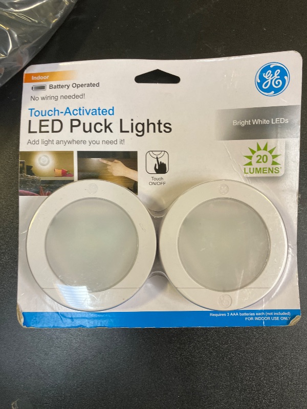 Photo 1 of GE Wireless LED Tap-Lights, Battery Operated, 20 Lumens, Touch-Activated Puck Lights, Stick-On for Under Cabinet, Kitchen, Closet, or Garage, 2-Pack 25434