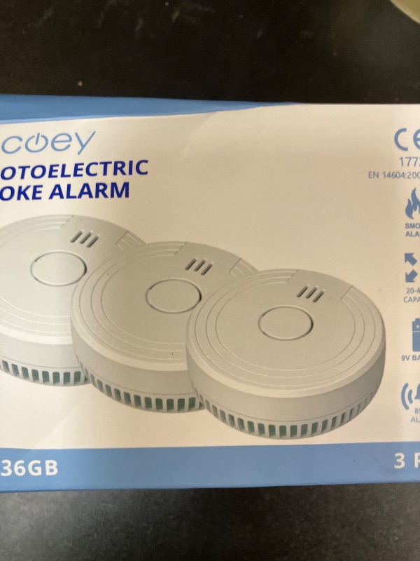 Photo 1 of Ecoey  Alarm Fire Detector with Photoelectric Technology and Low Battery Signal (Battery Include), Fire Alarm with Test Function for Home, Bedroom, FJ136GB, 3 Packs