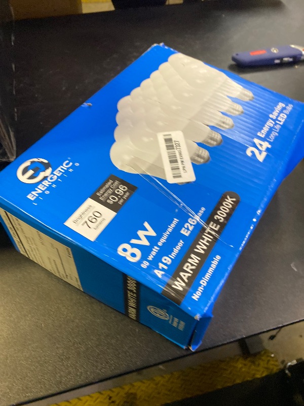 Photo 1 of Energetic 24 Pack LED Light Bulbs 60 Watt Equivalent, A19 Warm White 3000K, E26 Base, Non-Dimmable, 8W 760lm, ETL Listed