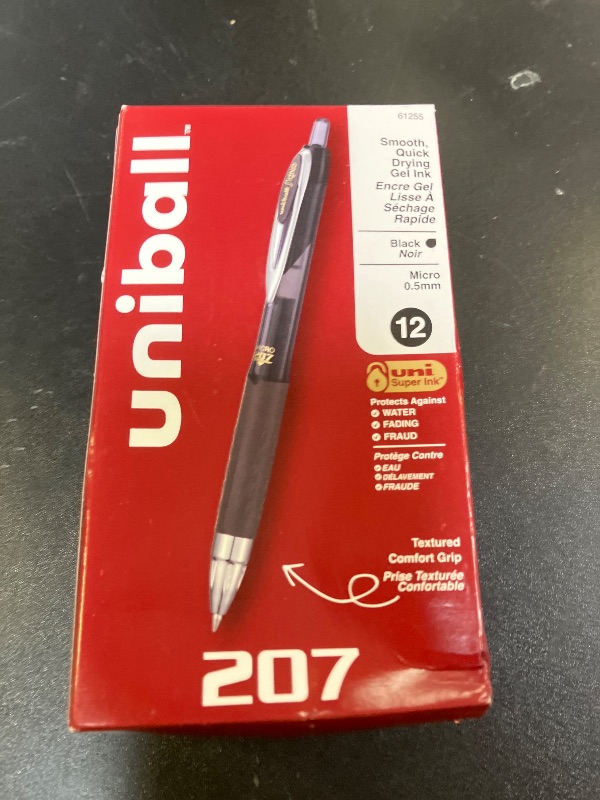 Photo 1 of uni-ball® 207™ Retractable Fraud Prevention Gel Pens, Micro Point, 0.5 mm, Black Barrels, Black Ink, Pack Of 12