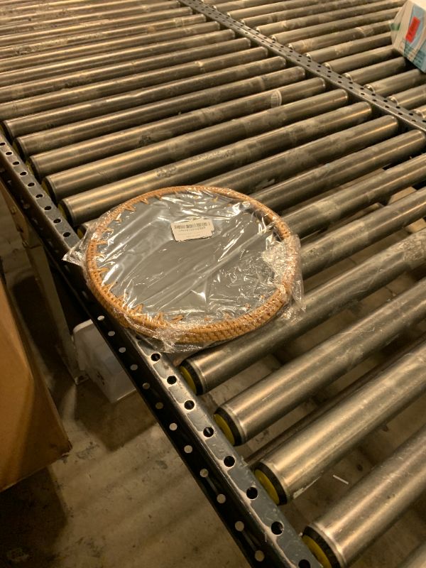 Photo 1 of 11.8 inch Round Rattan Serving Tray with Mother of Pearl Inlay Wicker Platter Coffee Tray for Coffee Table Decor Coastal Boho Kitchen Storage Display Decorative Basket Food Tray Handmade Wall Decor