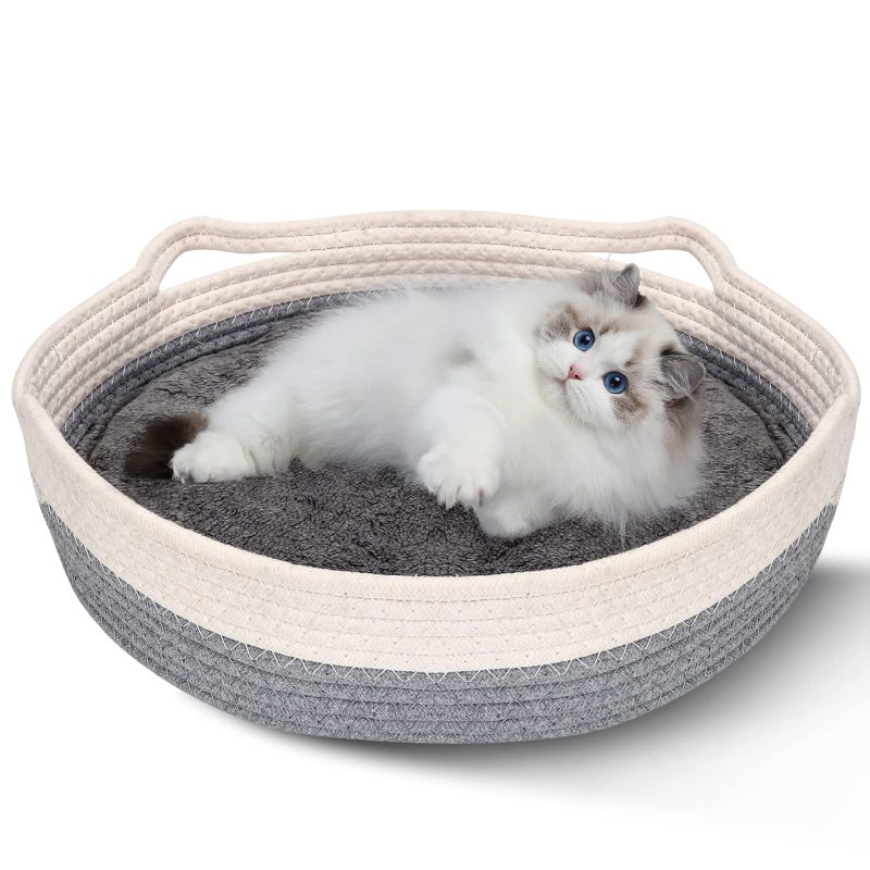 Photo 1 of Yummy Sam Cotton Rope Woven Cat Bed Basket, Small Dogs Sofa Bed with Double Sided Mat for All Seasons, 14"x14"x4" Washable Round Sleeping House Bed for Indoor Cat Puppies Rabbits and Small Pets (Grey)