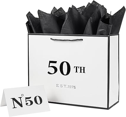 Photo 1 of Jaywayang 50th Birthday White and Black Large Gift Bag with Card and Tissue Paper, Metallic Printing Keepsake Gift Vintage Bag for Men Women, 1975 Mom Dad 50 Year Old Party Paper Bag for Gifts Wrapping, Anniversary. ITEM BENT
