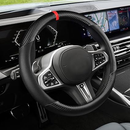 Photo 1 of Carbon Fiber Car Steering Wheel Cover, Universal 15 inch Breathable Anti Slip Steering Wheel Covers, Car Interior Accessories for Men and Women, Fit for Most Vehicles (Black)
