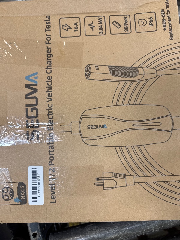 Photo 1 of SEGUMA Level 1/2 Tesla Charger, 12A/16A, 25ft Extension Cable, Dual Voltage 240V NEMA 6-20 Plug & 120V NEMA 5-15 Adapter, NACS Connector, Portable Home Electric Car EV Charger for Tesla Models Y/X/3/S