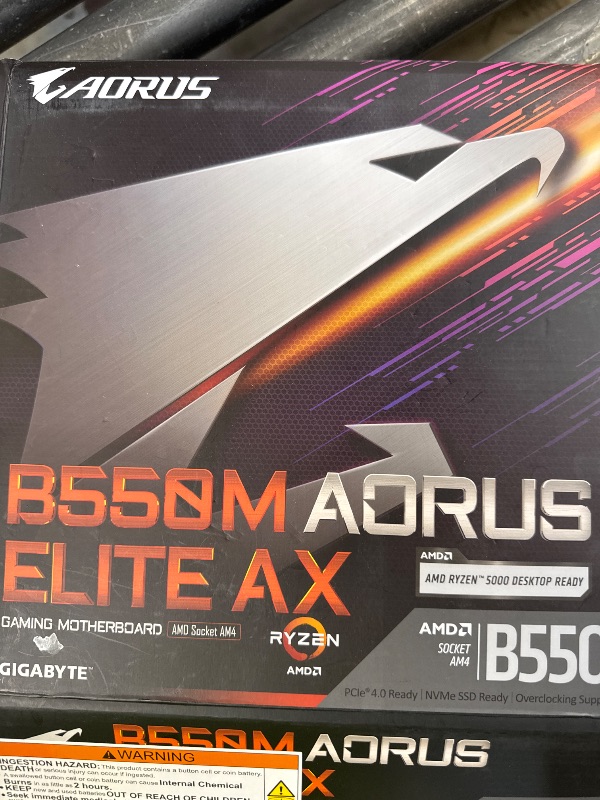 Photo 1 of GIGABYTE B550M AORUS Elite AX (rev 1.3) Motherboard, Supports AMD AM4 Ryzen 5000 Processors, Micro-ATX, DDR4, Single M.2, SATA 6Gb/s, Realtek GbE LAN, PCIe 4.0