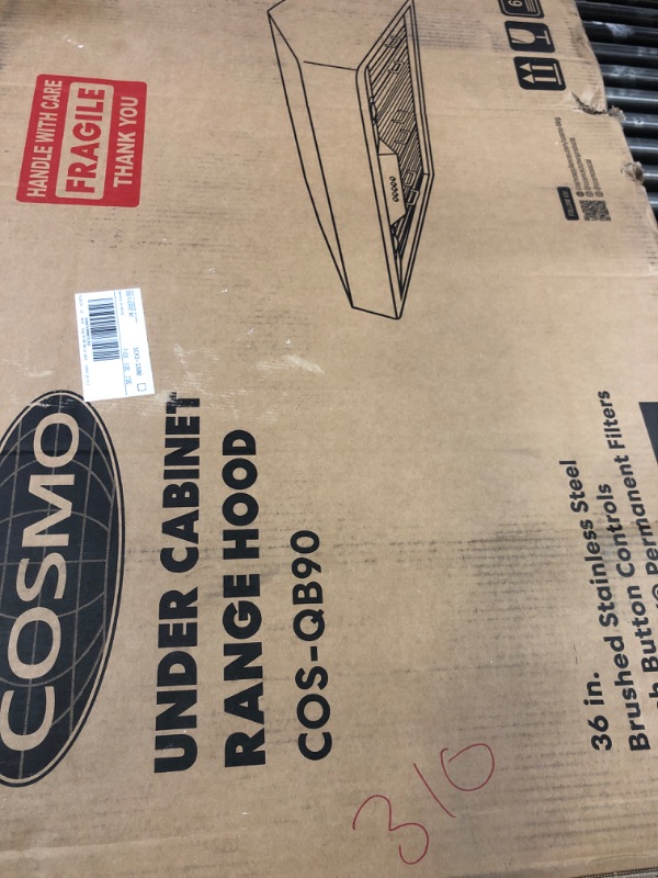 Photo 1 of COSMO COS-QB90 36 in. Haven Collection 500 CFM Ducted Under Cabinet Range Hood, Button Control, LED Lights, Stainless Steel