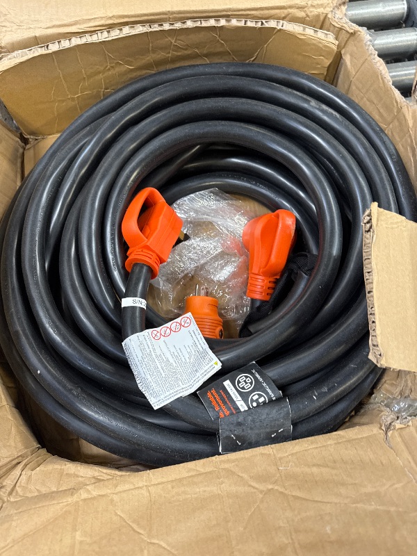 Photo 1 of VEVOR 75 FT RV Extension Cord, 50 Amp, 125V/250V 7500W Heavy Duty STW 6/3 + 8/1 Gauge Wire, NEMA 14-50P Male NEMA 14-50R Female Plug, with LED Indicator, Handle, 15A Adapter for RV Trailer, ETL Listed