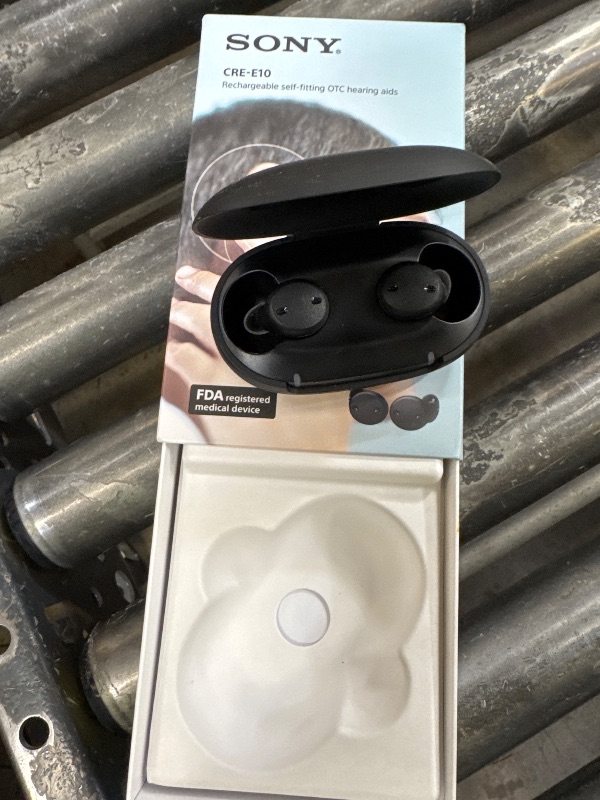Photo 1 of Sony CRE-E10 Self-Fitting OTC Hearing Aids for Mild to Moderate Hearing Loss, Prescription-Grade Sound Quality, Comfortable Earbud Design, Bluetooth Enabled for iOS, and Rechargeable Battery, Black