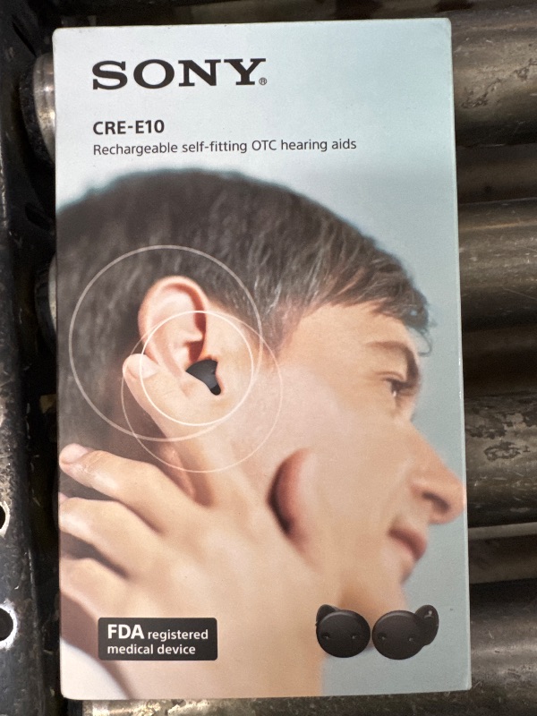 Photo 1 of Sony CRE-E10 Self-Fitting OTC Hearing Aids for Mild to Moderate Hearing Loss, Prescription-Grade Sound Quality, Comfortable Earbud Design, Bluetooth Enabled for iOS, and Rechargeable Battery, Black