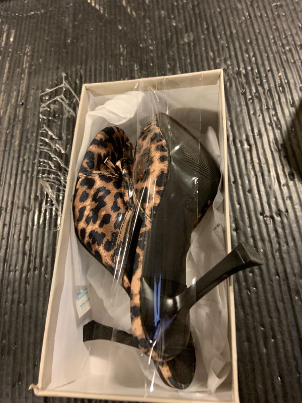 Photo 1 of Mostrin Leopard Print Kitten Heels Open Round Toe Mules Heels for Women With Bow Sexy Slip On Backless Heeled Sandals for Party Wedding Size 8