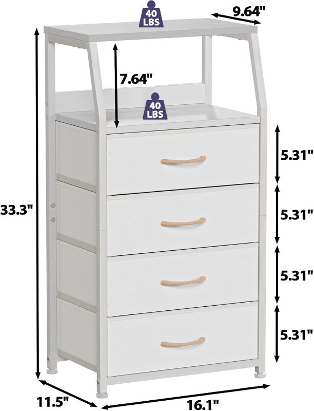 Photo 1 of Furnulem Tall 4 Drawers Dresser, Vertical Storage Tower for Bedroom, Hallway, Entryway, Nursery, Closet Organizer, Nightstand Bedside Table Furniture, Sturdy Steel Frame, Wood Top, White