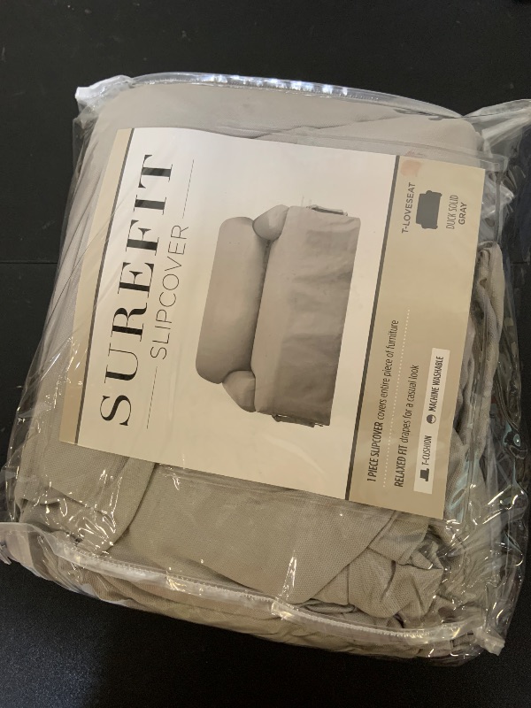 Photo 1 of SureFit Cotton Duck Loveseat T-Cushion One Piece Slipcover, Furniture Cover, Relaxed Woven Fit, 100% Cotton, Machine Washable, Gray