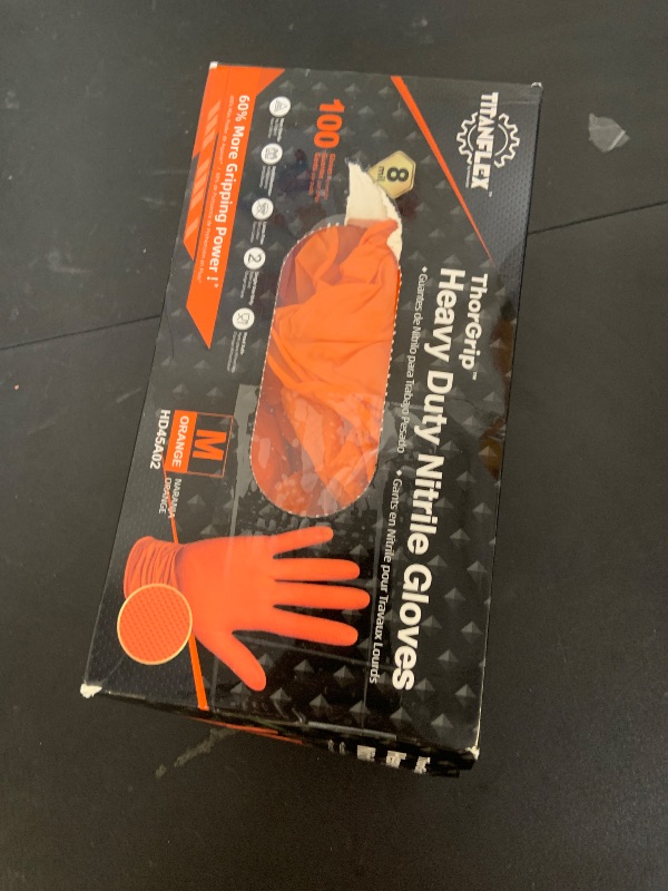 Photo 1 of TitanFlex ThorGrip Heavy Duty Industrial Orange Nitrile Gloves, 8-mil, Gloves Disposable Latex Free with Raised Diamond Texture Grip, Powder Free, Rubber Gloves, Mechanic Gloves,100-ct Box (Medium)