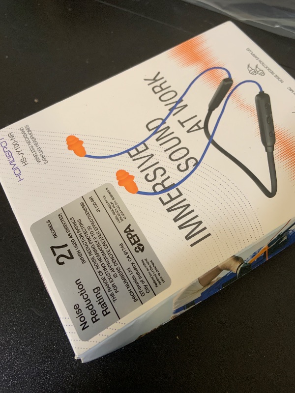 Photo 1 of HomeSpot Noise Reduction Wireless Neckband Headphones with Qualcomm aptX HD, 27dB NRR, CVC Noise Cancelling Mic & Controls and 20H Playtime for Work Safety OSHA Compliant - Blue Wire Orange Earbuds