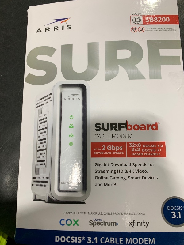 Photo 1 of ARRIS (SB8200) - Cable Modem - Fast DOCSIS 3.1 32x8 Gigabit Cable Modem , Approved for Comcast Xfinity, Cox, Charter Spectrum, & more | 1 Gbps Max Internet Speed, 4 OFDM Channels - (No Built-in Wifi)