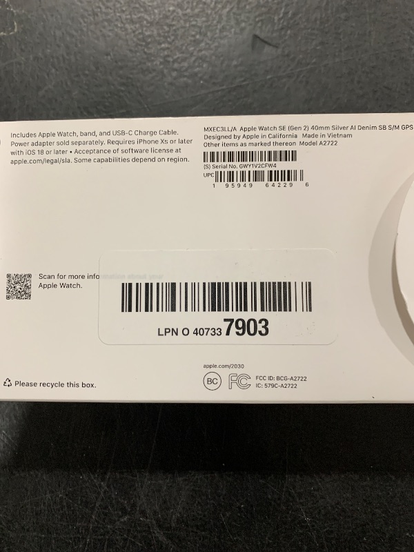 Photo 1 of Apple Watch SE (2nd Gen) [GPS 40mm] Smartwatch with Silver Aluminum Case with Denim Sport Band S/M. Fitness and Sleep Trackers, Crash Detection, Heart Rate Monitor, Retina Display