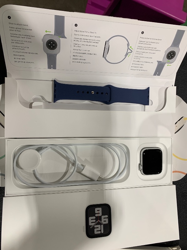 Photo 1 of Apple Watch SE (2nd Gen) [GPS 40mm] Smartwatch with Silver Aluminum Case with Denim Sport Band S/M. Fitness and Sleep Trackers, Crash Detection, Heart Rate Monitor, Retina Display