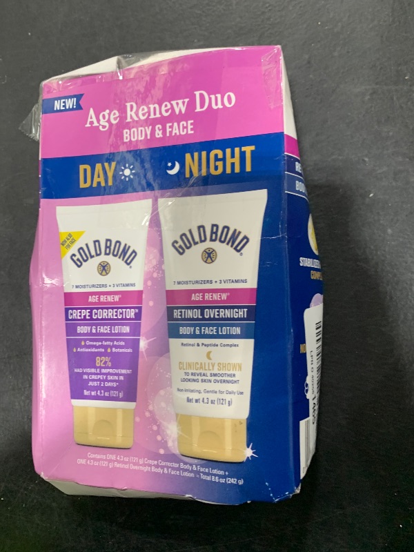Photo 1 of Gold Bond Age Renew Day & Night Duo Lotion Set for Body & Face, Gold Bond Crepe Corrector Lotion, Visibly Firms Skin & Gold Bond Retinol Overnight Lotion, Visibly Smooths Skin, 8.6 oz.