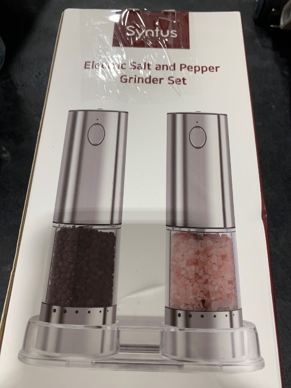 Photo 1 of Syntus Electric Salt and Pepper Grinder Set USB-C Rechargeable, Stainless Steel Automatic Salt and Pepper Shakers with 6 Adjustable Coarseness High/Low Grinding Speed 95ML Large Capacity & LED Light