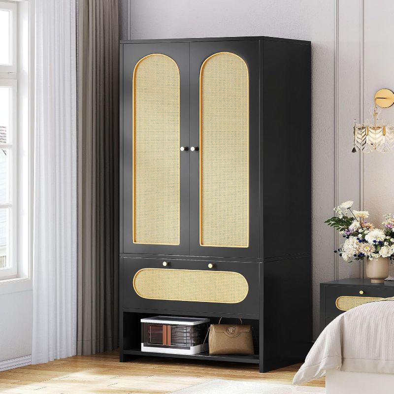 Photo 1 of YITAHOME Rattan Armoire Wardrobe Closet - 70" Tall Rattan Closet with Doors, Large Storage Cabinet with Drawers & Hanging Rod/Bedroom - Black