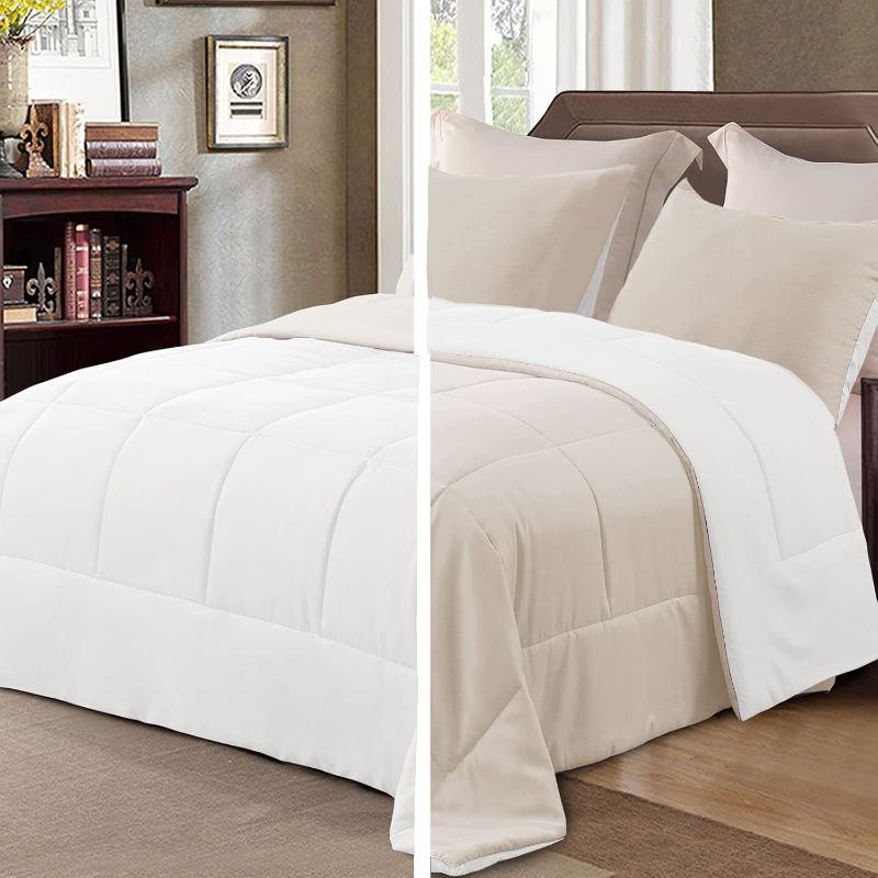 Photo 1 of Exclusivo Mezcla Lightweight Reversible Queen size Comforter Set, Down Alternative Comforter with 2 Pillow Sham, Queen Size Bedding Set for All Seasons, Brich Beige/White