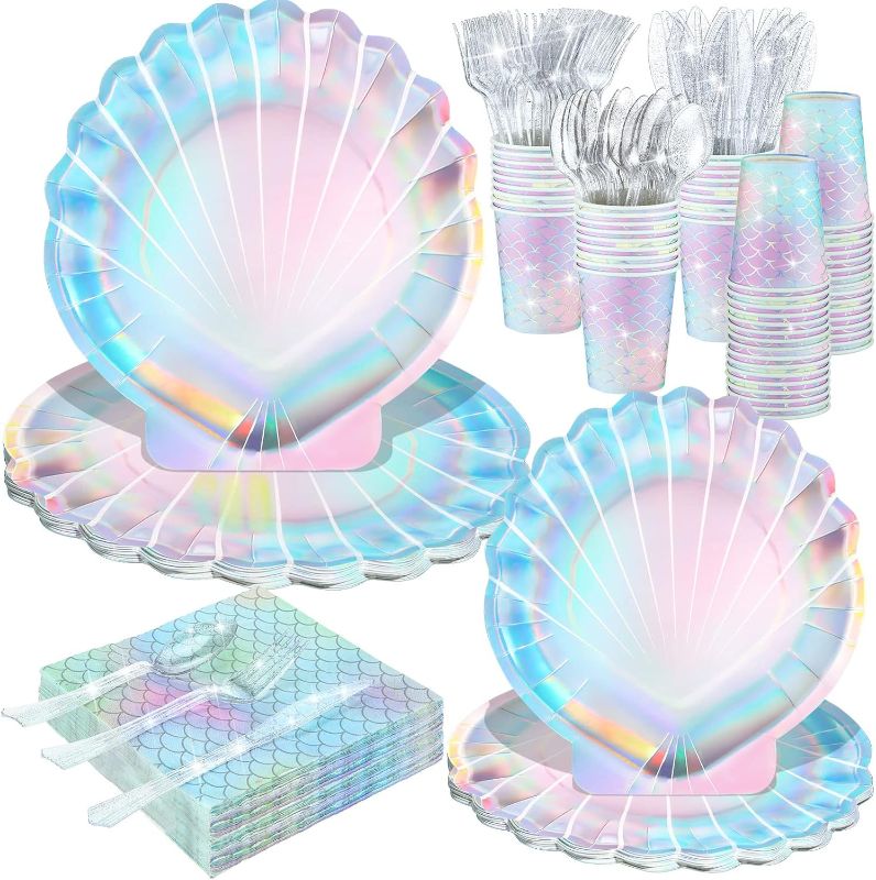 Photo 1 of 144 Pcs Mermaid Themed Party Supplies Party Decorations Under the Sea Party Tableware Includes Clam Plates Napkins Cups Plastic Spoons Fork Knives for Baby Shower Birthday (7, 9 Inch)