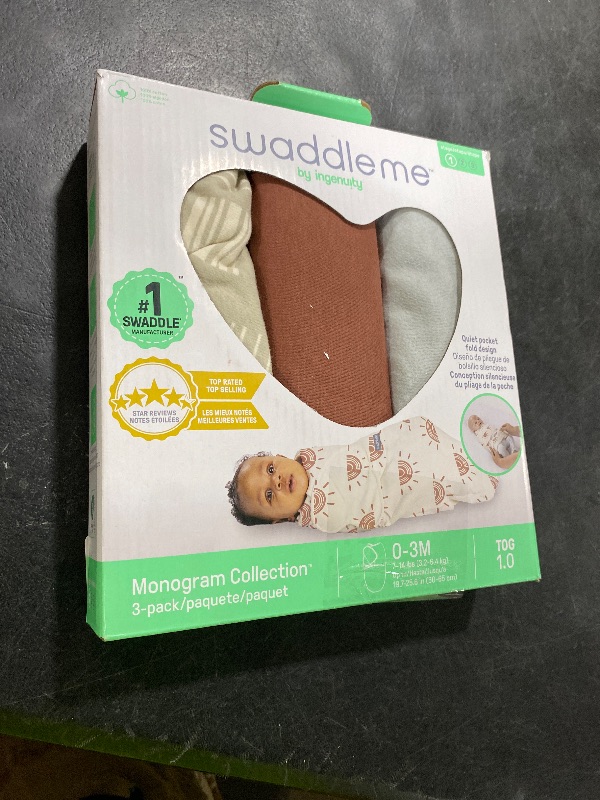 Photo 1 of SwaddleMe by Ingenuity Monogram Collection Baby Swaddle, 100% Cotton, Improves Sleep & Calms Startle Reflex, 0-3 Months, Pocket Fold Design for Easy Changes, 1.0 TOG, 3-Pack - Rising Sun