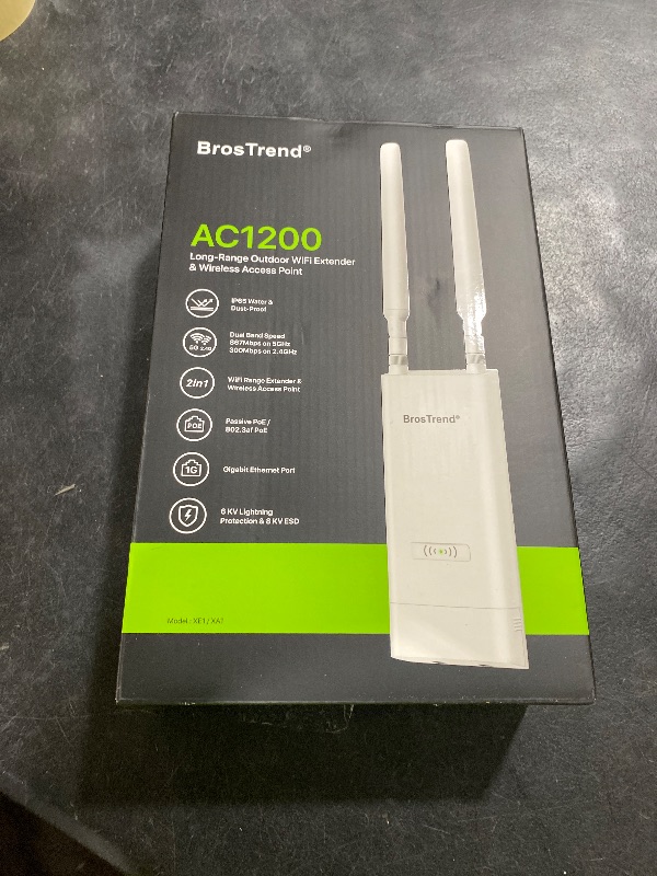 Photo 1 of BrosTrend AC1200 Outdoor WiFi Extender Long Range, Dual Band 5GHz + 2.4GHz, IP65 Weatherproof Gigabit Signal Booster, PoE Powered, with Passive PoE Injector, 2x 5dBi Antennas, Works for Yard, Farm, RV