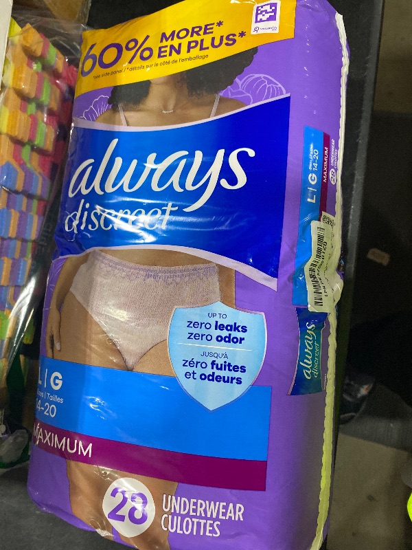 Photo 1 of Always Discreet Adult Incontinence Underwear for Women and Postpartum Underwear, Large, Up to 100% Bladder Leak Protection, 28 Count