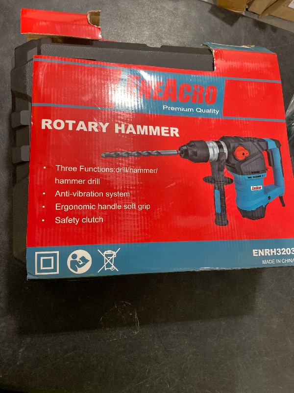 Photo 1 of ENEACRO 1-1/4 Inch SDS-Plus 12.5 Amp Heavy Duty Rotary Hammer Drill, Safety Clutch 3 Functions with Vibration Control Including Grease, Chisels and Drill Bits with Case